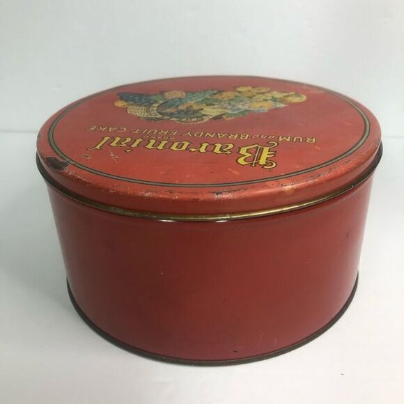vtg baronial brand rum and brandy fruit cake metal tin round red htf as is - Picture 8 of 15